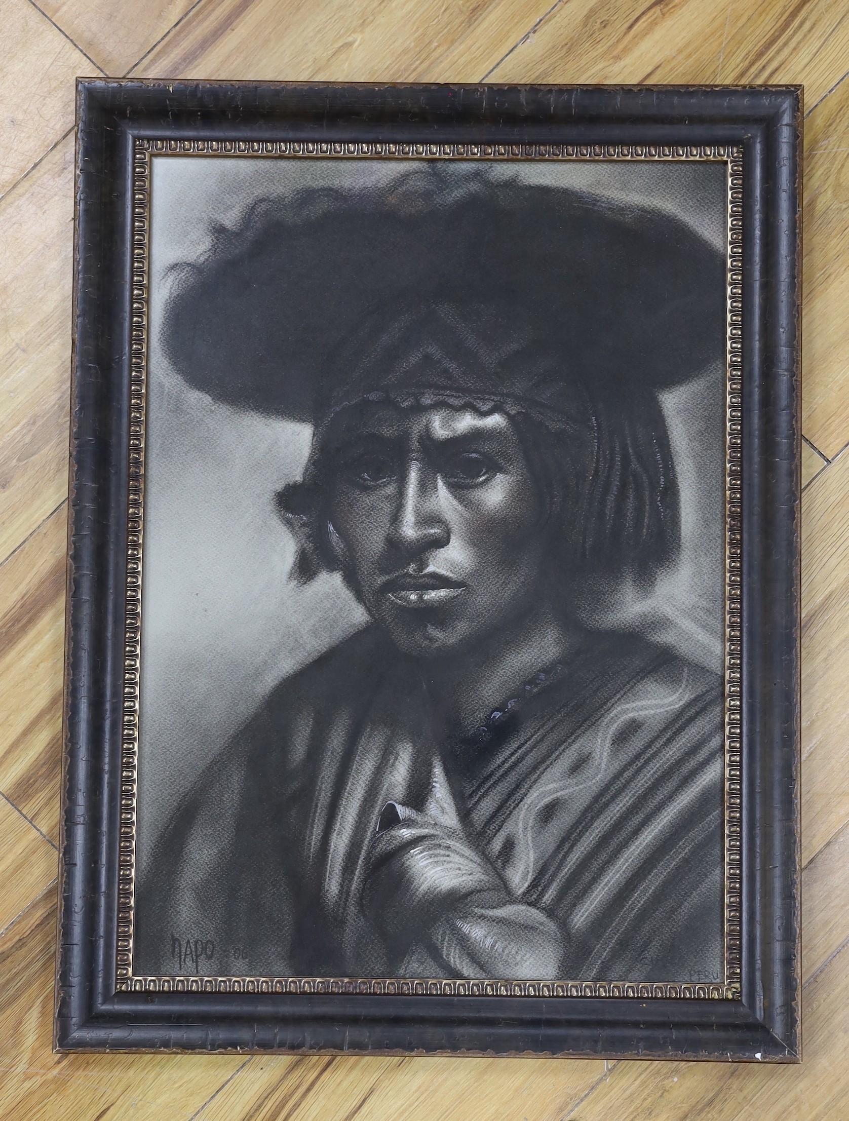Napo, charcoal and chalk, Study of an Aztec, signed and dated '06, 50 x 36cm